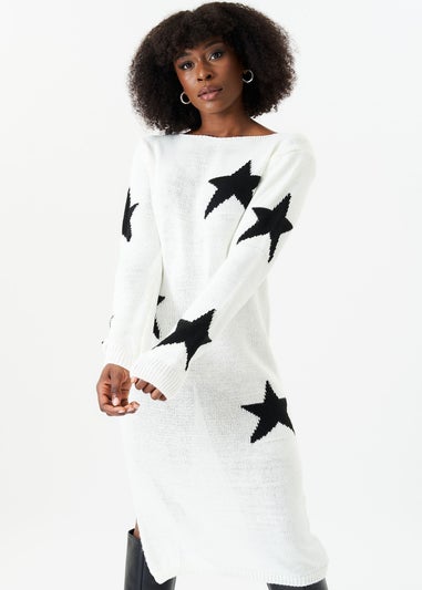 Gini London White Star Knit Oversized Jumper Dress