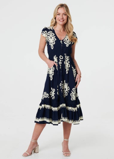 Izabel London Navy Ikat Print Cap Sleeve Shirred Midi Dress