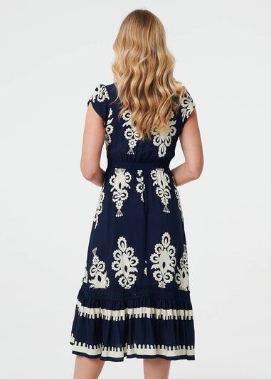 Izabel London Navy Ikat Print Cap Sleeve Shirred Midi Dress