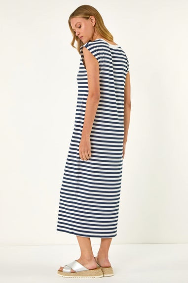 Roman Navy Ribbed Stripe Cap Sleeve Midi Dress