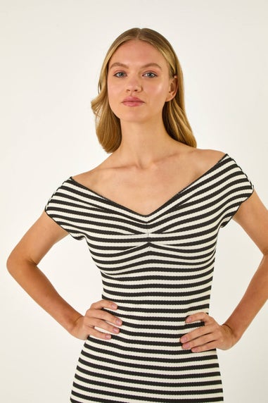 Roman Black Stripe Bardot Knit Midi Stretch Dress