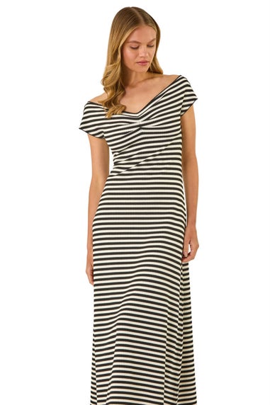 Roman Black Stripe Bardot Knit Midi Stretch Dress