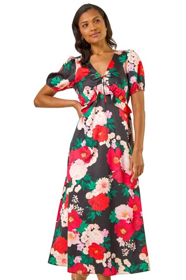 Roman Red Puff Sleeve Floral Satin Midi Dress