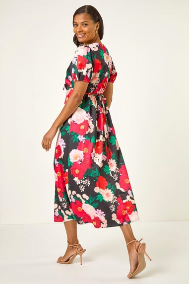 Roman Red Puff Sleeve Floral Satin Midi Dress