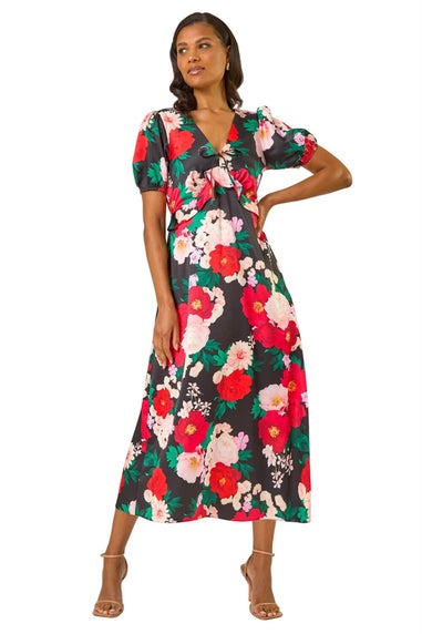Roman Red Puff Sleeve Floral Satin Midi Dress