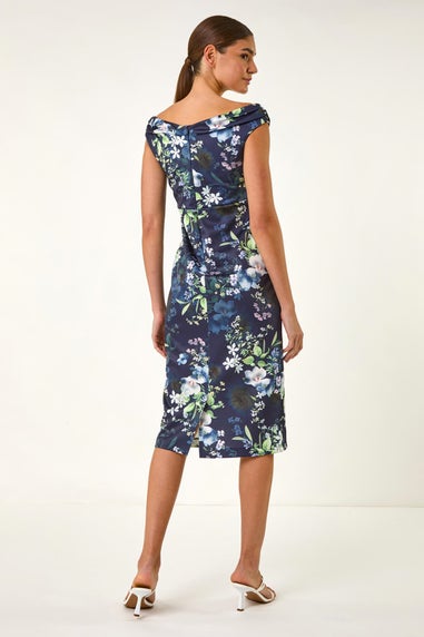 Roman Navy Floral Print Bardot Stretch Midi Dress