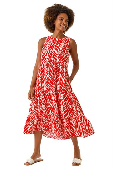 Roman Red Abstract Tiered Smock Dress