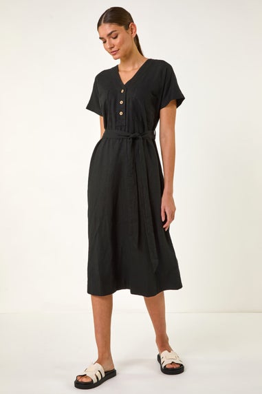 Roman Black Button Linen Mix Midi Dress