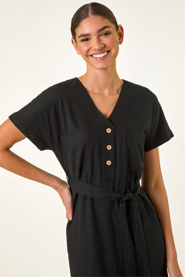 Roman Black Button Linen Mix Midi Dress