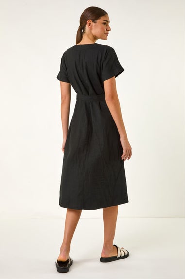Roman Black Button Linen Mix Midi Dress