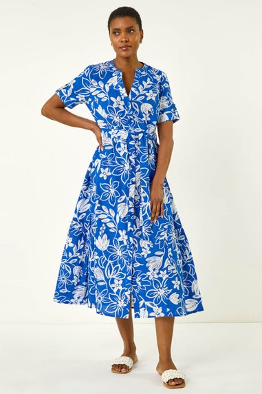 Roman Royal Blue Floral Print Tie Waist Midi Dress