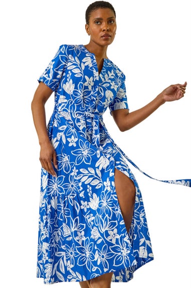 Roman Royal Blue Floral Print Tie Waist Midi Dress