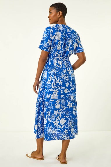 Roman Royal Blue Floral Print Tie Waist Midi Dress