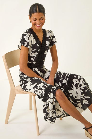 Roman Black Floral Print Lace Trim Midi Dress
