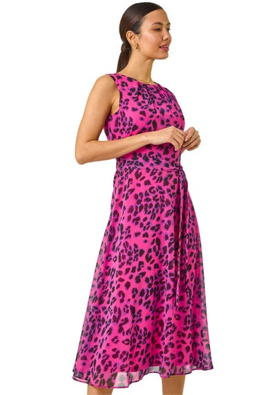 Roman Pink Animal Print Pleated Chiffon Dress