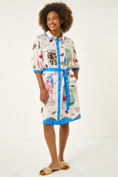 Roman Blue Motif Print Tie Waist Shirt Dress
