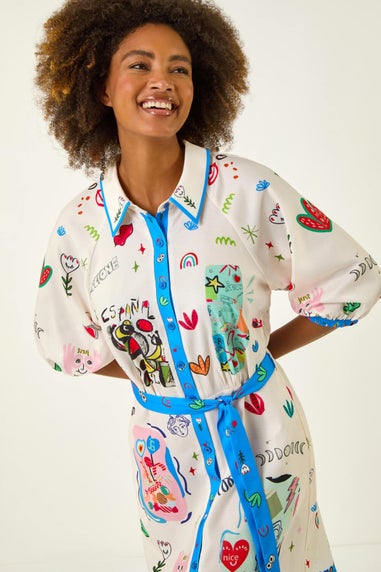 Roman Blue Motif Print Tie Waist Shirt Dress