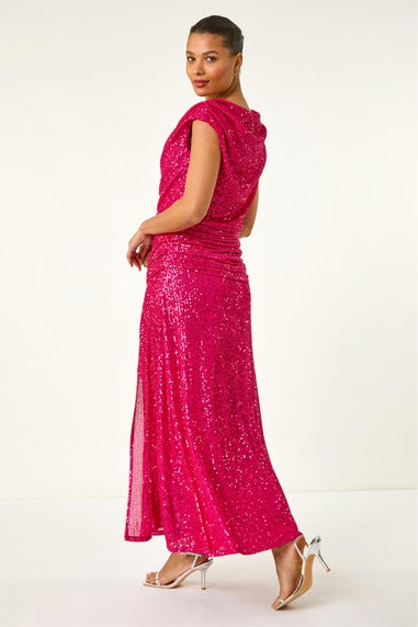 Roman Fuchsia Sequin Cowl Neck Maxi Stretch Dress