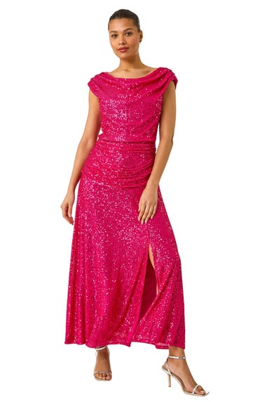Roman Fuchsia Sequin Cowl Neck Maxi Stretch Dress
