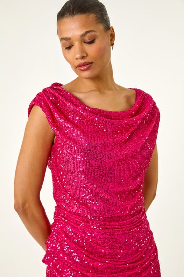 Roman Fuchsia Sequin Cowl Neck Maxi Stretch Dress