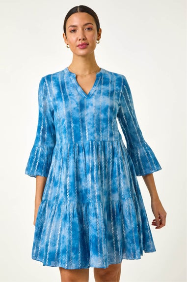 Roman Blue Tie Dye Print Shimmer Smock Dress