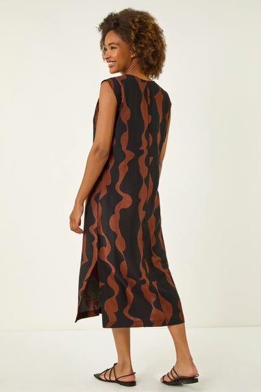 Roman Tan Wave Zip Front Midi Shift Dress