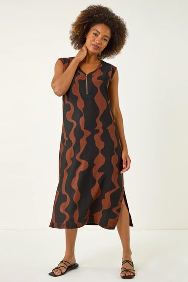 Roman Tan Wave Zip Front Midi Shift Dress