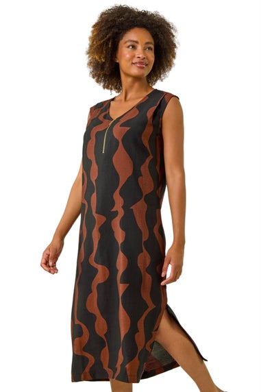 Roman Tan Wave Zip Front Midi Shift Dress