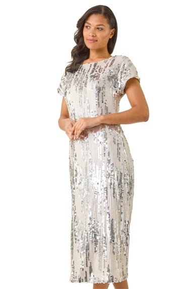 Roman Silver Sequin Shimmer Midi Dress