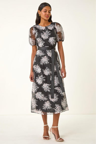 Roman Black Floral Organza Belted Dress