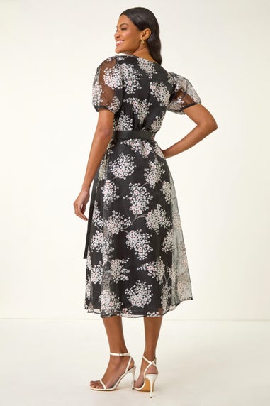 Roman Black Floral Organza Belted Dress