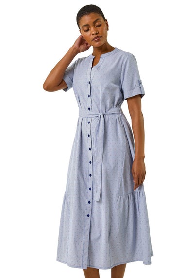 Roman Blue Stripe Tie Waist Midi Dress