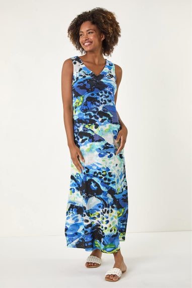 Roman Blue Abstract Linen Mix Midi Dress