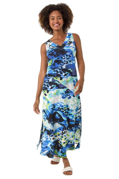 Roman Blue Abstract Linen Mix Midi Dress