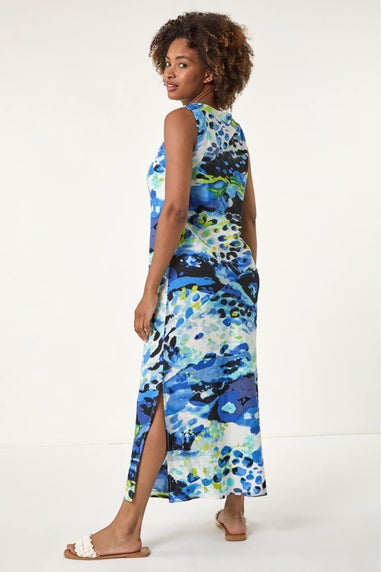 Roman Blue Abstract Linen Mix Midi Dress