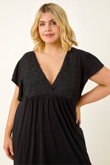 Roman Black Curve Lace V-Neck Midi Dress