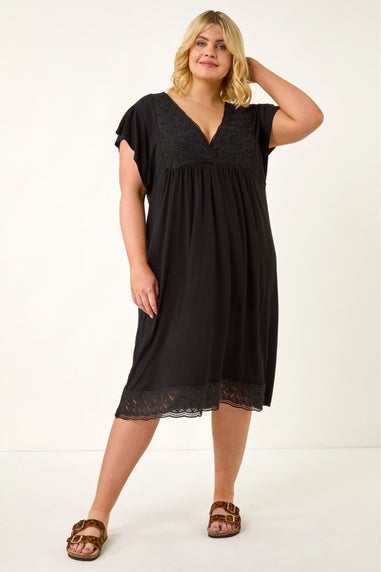 Roman Black Curve Lace V-Neck Midi Dress