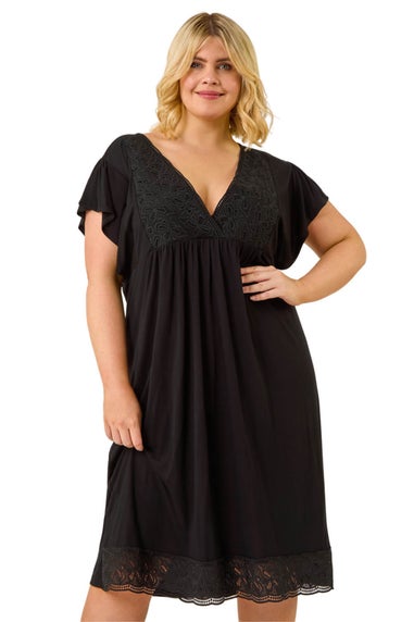 Roman Black Curve Lace V-Neck Midi Dress