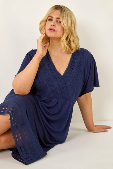 Roman Navy Curve Lace V-Neck Dress