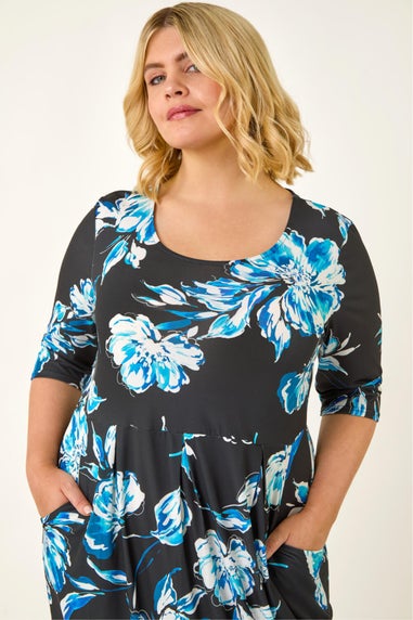 Roman Blue Curve Floral Print Pocket Dress