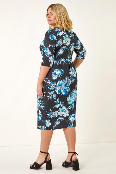 Roman Blue Curve Floral Print Pocket Dress