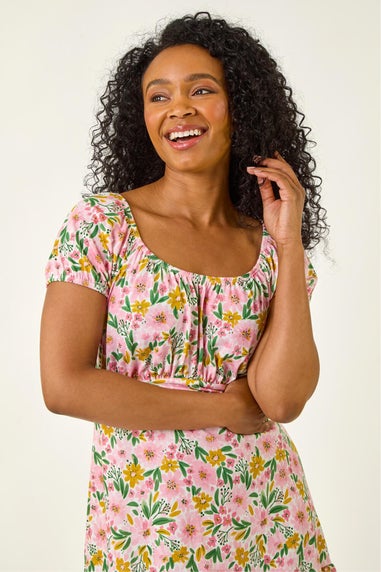 Roman Light Pink Petite Floral Print Frill Stretch Dress