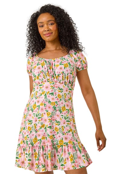 Roman Light Pink Petite Floral Print Frill Stretch Dress
