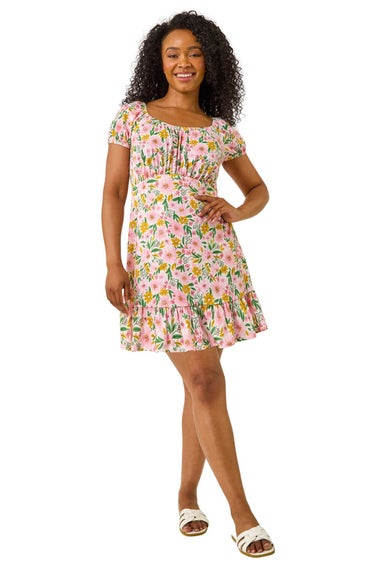 Roman Light Pink Petite Floral Print Frill Stretch Dress
