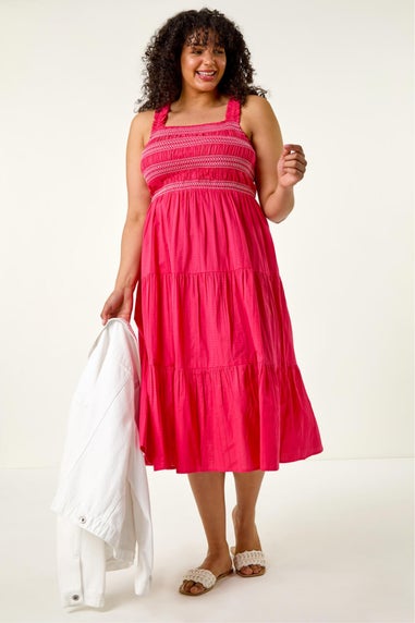 Roman Pink Curve Strappy Shirred Midi Dress