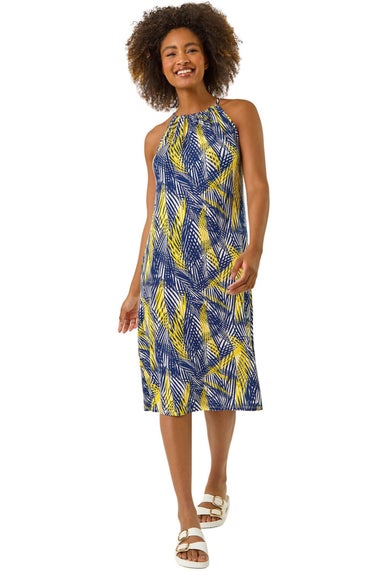 Roman Yellow Gathered Palm Print Swing Stretch Dress