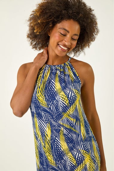 Roman Yellow Gathered Palm Print Swing Stretch Dress
