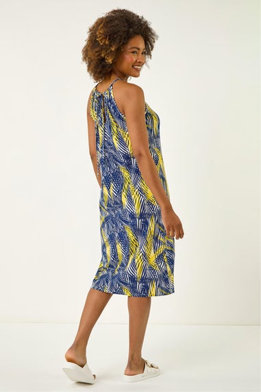 Roman Yellow Gathered Palm Print Swing Stretch Dress