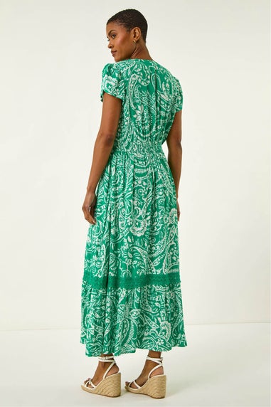 Roman Green Paisley Lace Trim Maxi Dress