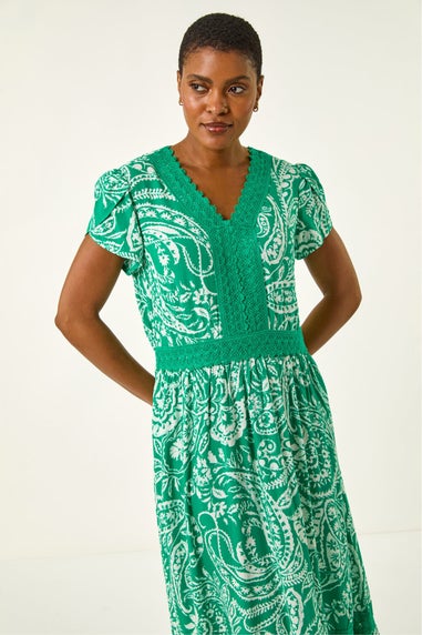 Roman Green Paisley Lace Trim Maxi Dress